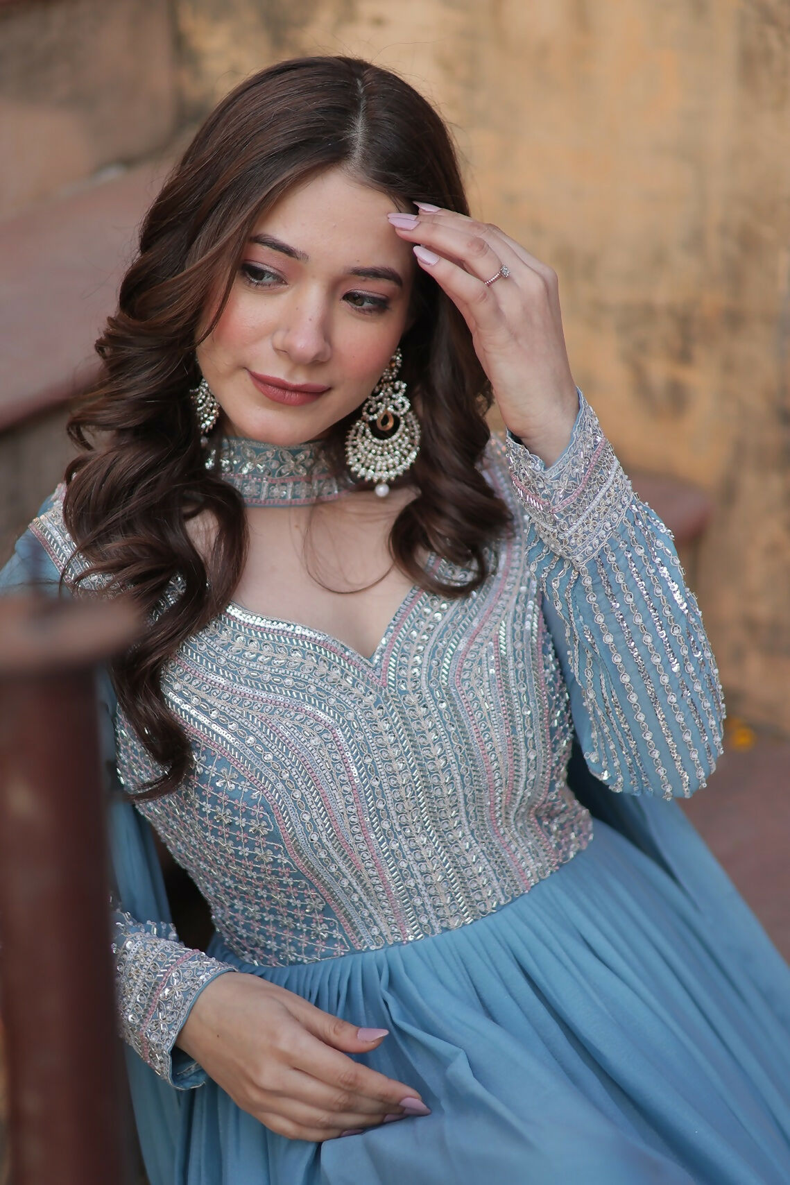 Joban Fashion Sky Blue Georgette Sequence Embroidery Work Kurta Set