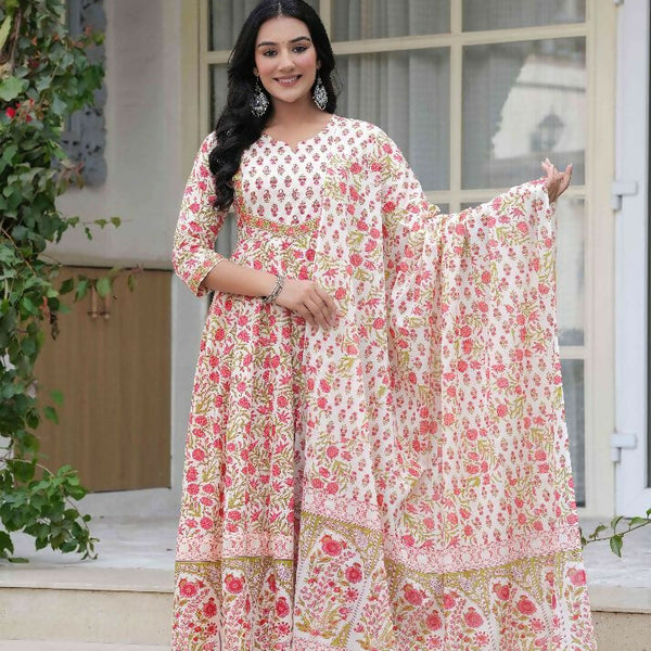 Jaimini Women Cotton Printed Round Neck Calf Length Flared Kurta Pant And Dupatta Set - Dista