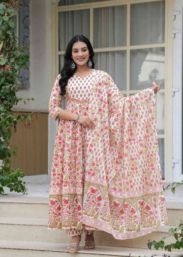 Jaimini Women Cotton Printed Round Neck Calf Length Flared Kurta Pant And Dupatta Set - Dista