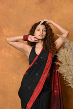Thumbnail for Very Much Indian Pure Cotton Handloom Saree with Buttis & Sleek Border - Black - Distacart