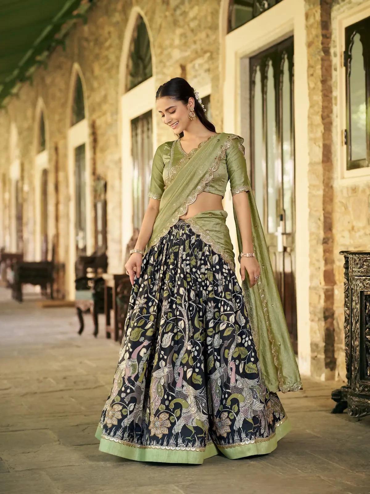 Looknbook Art Printed Tussar Silk Lehenga Choli with Intricate Lace Work-Black