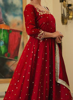 Thumbnail for Teeya Creation Red Color Pure Vichitra Silk Embroidery Work Party Wear Gown