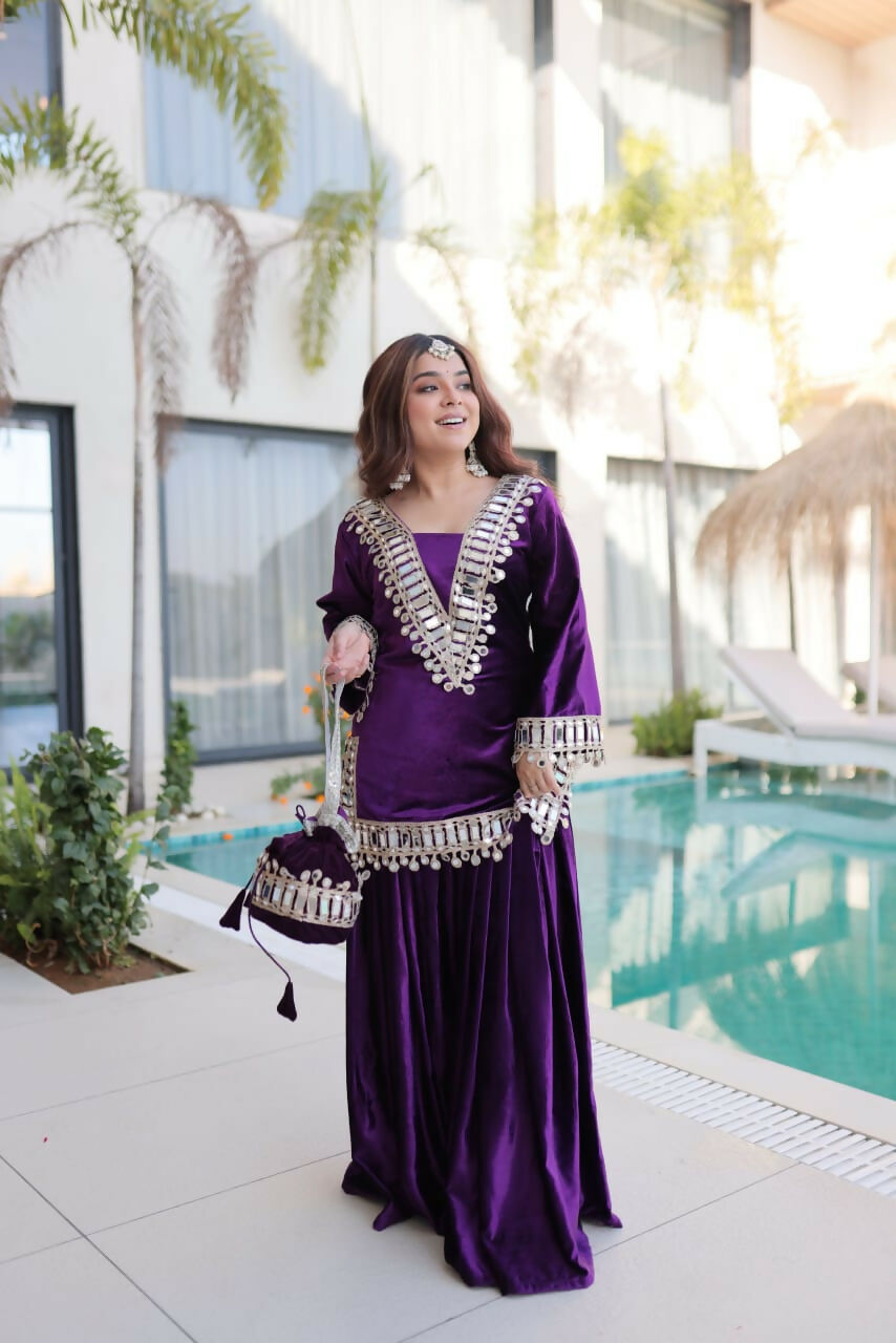 Joban Fashion Purple Velvet Embroidery Sequence Work Readymade Kurta Set - Distacart