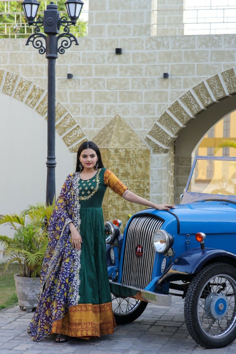 Aastha Fashion Women's Bottle Green Silk Jacquard Woven with Embroidery Anarkali Dress with Dupatta - Distacart