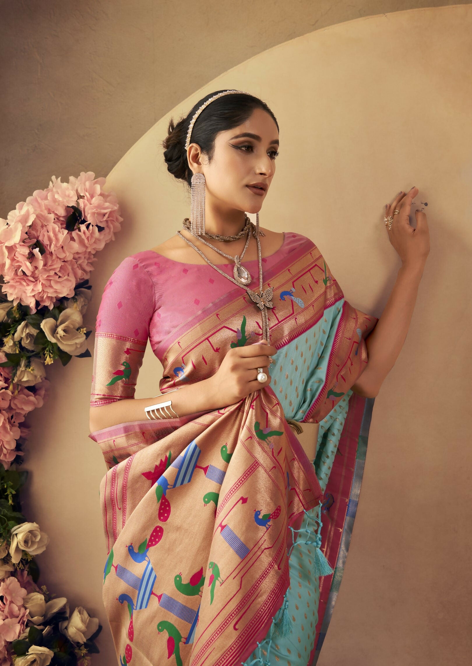 Vishnu Weaves Women's Firozi Paithani Silk Saree with Blouse - Distacart