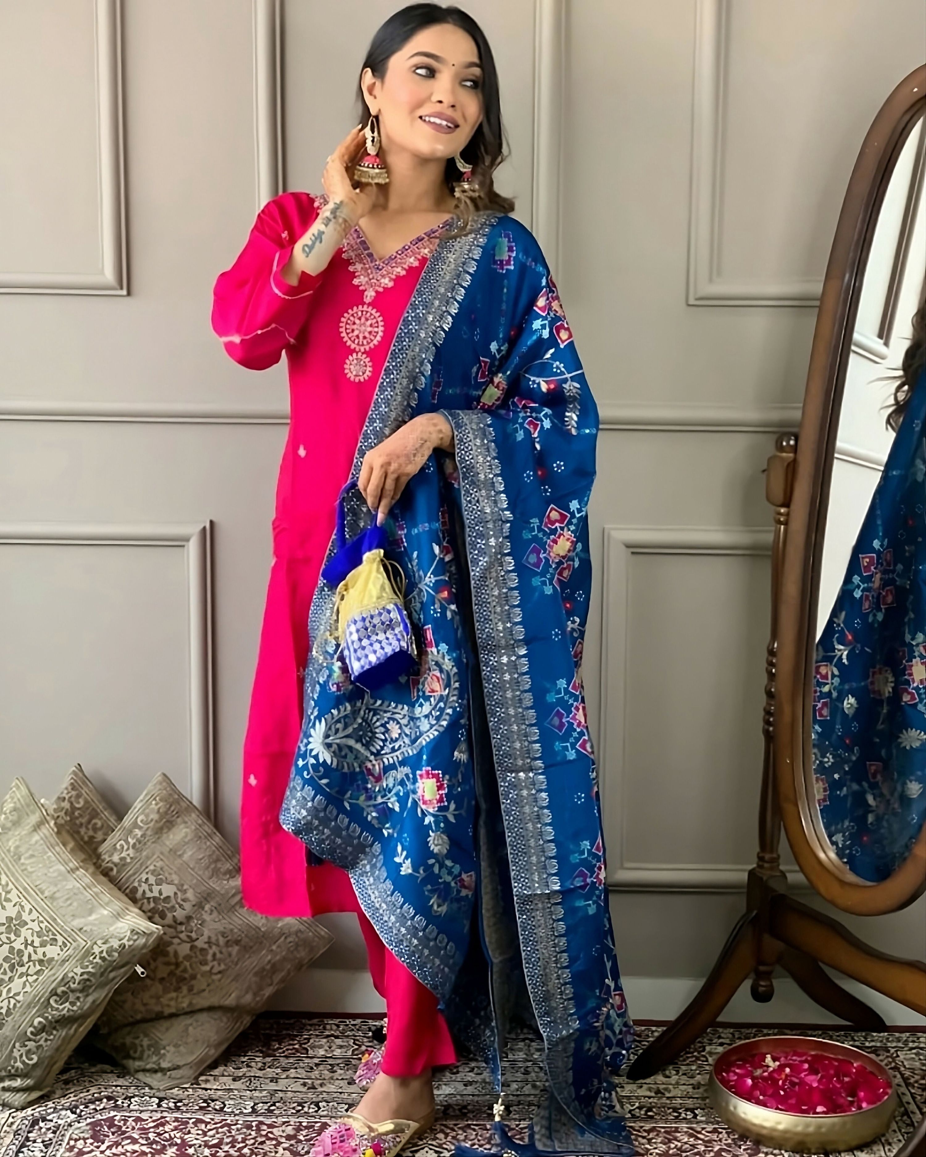 Partywear Designer Viscose Chanderi Red Stitched Suit With Dupatta - Anbazaar - Distacart