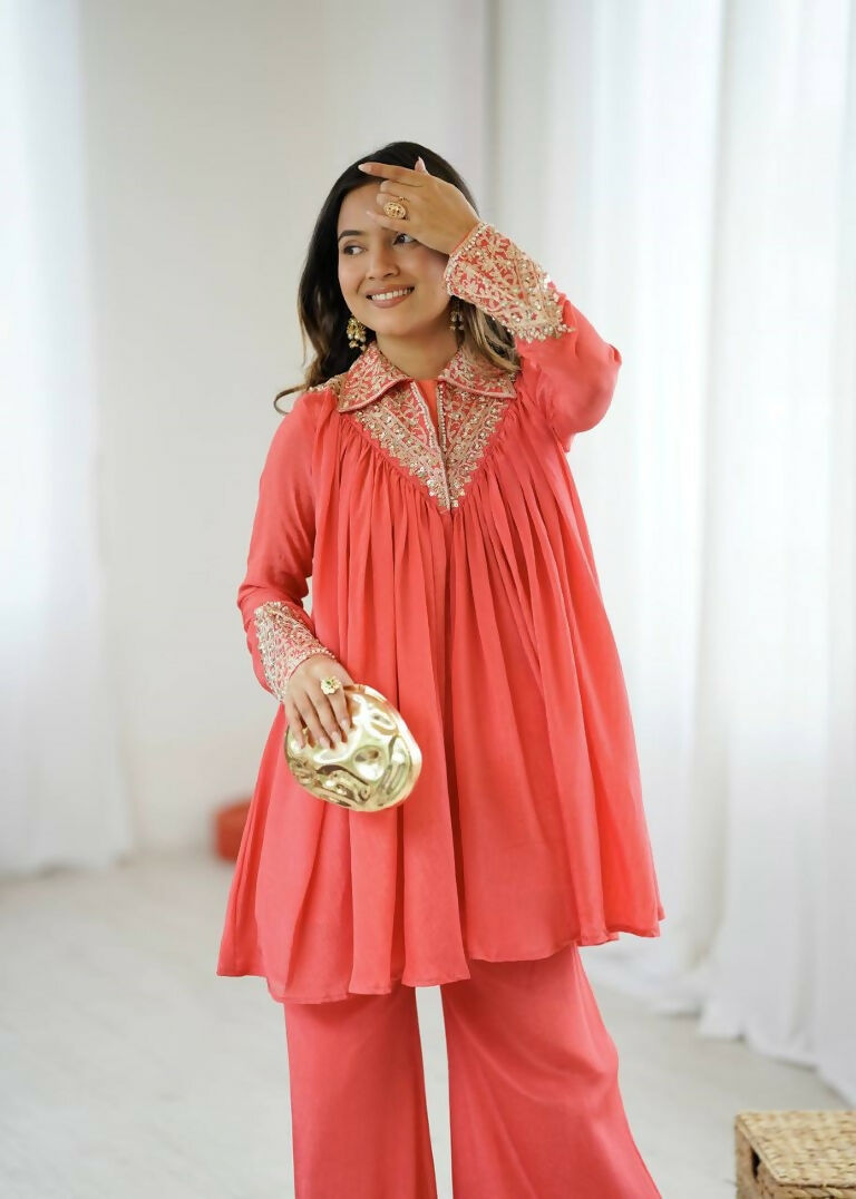 Teeya Creation Fenta Heavy Chinnon Silk Embroidery Work Plazo pair