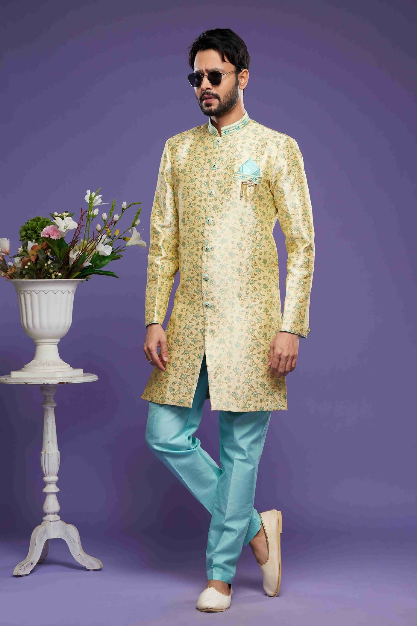 Raivat Ethnic Banarasi Jacquard Embroidery Semi Indo Western Sherwani In Gold Colour
