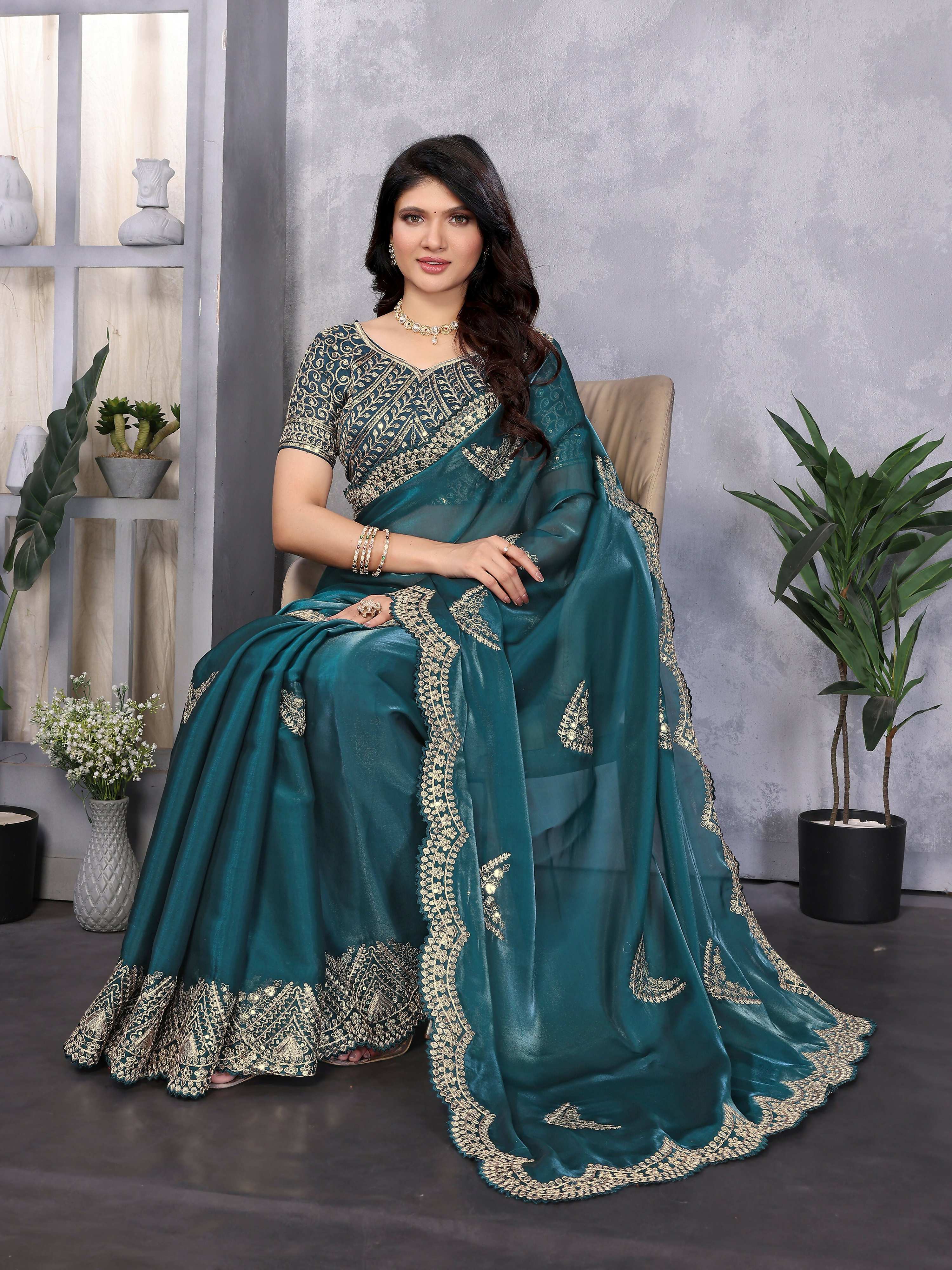 Vastranavya Teal Embroidery Work Shimmer Chiffon Saree with Unstitched Blouse