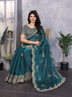 Thumbnail for Vastranavya Teal Embroidery Work Shimmer Chiffon Saree with Unstitched Blouse