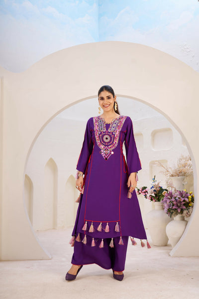 Joban Fashion Purple Palazzo Rayon Coding Dori with Sequence with Rivet Moti