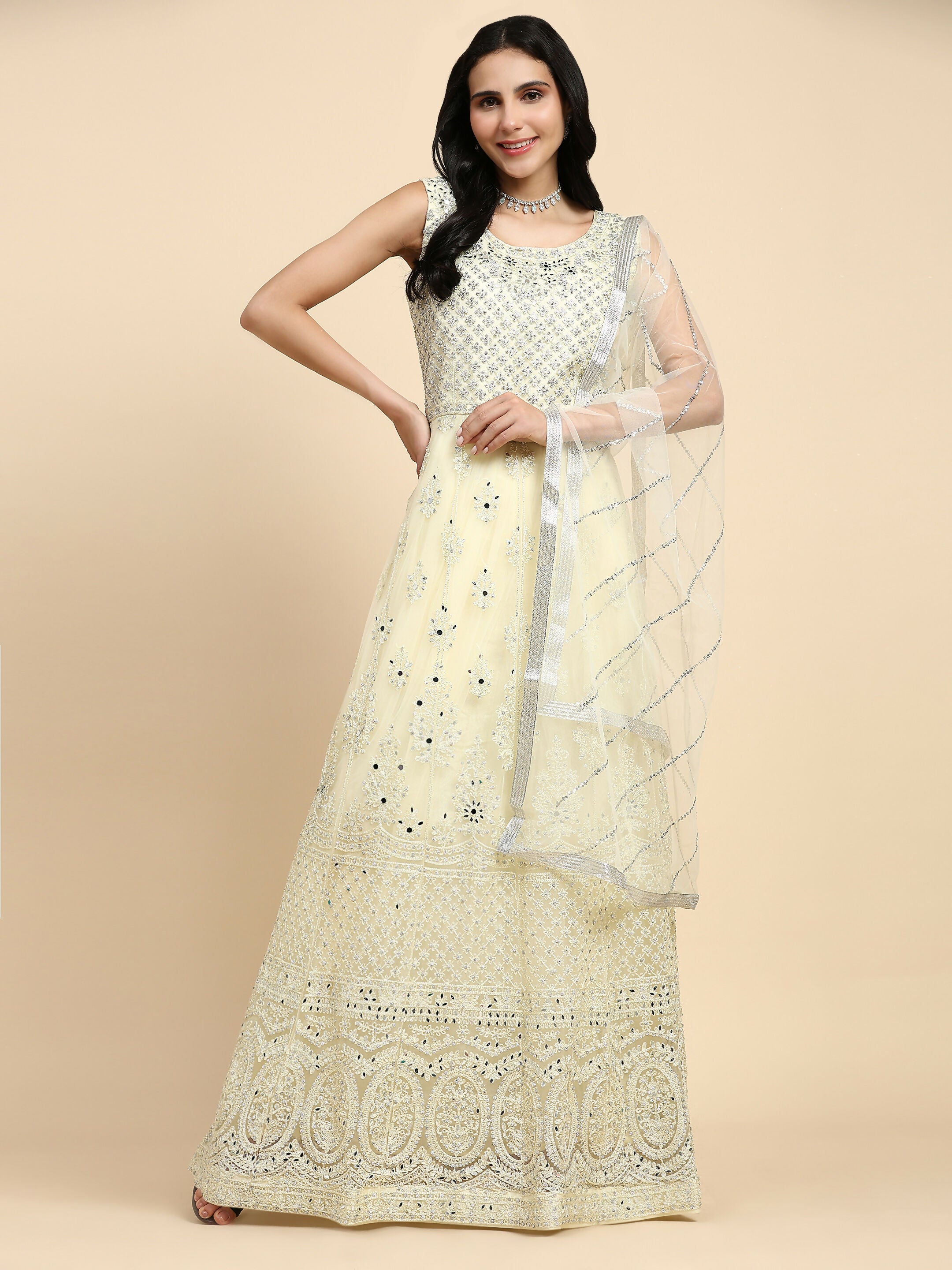 Yellow Net Hand Embroidered Gown - Rudrani - Distacart