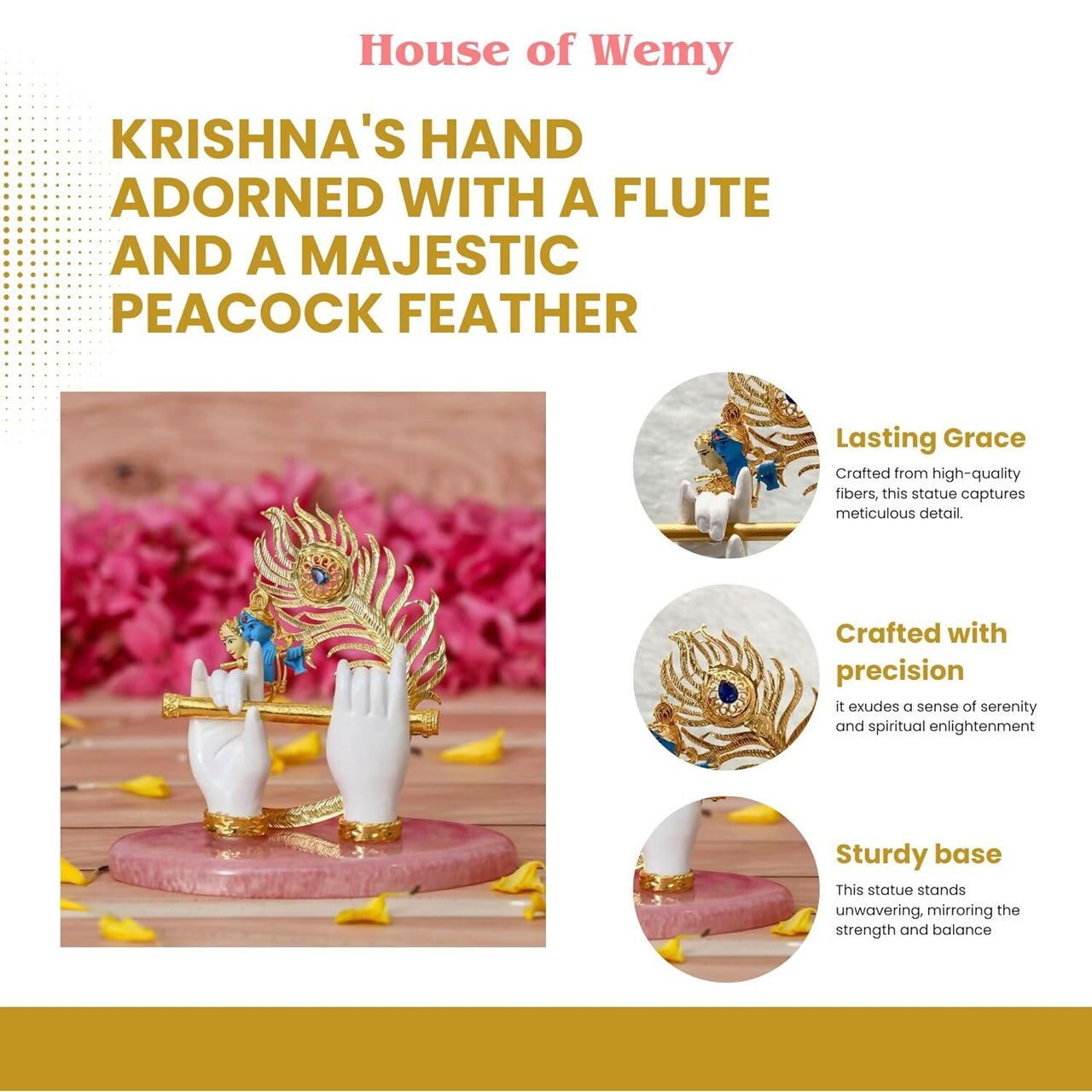 House Of Wemy Gold Plated Lord Krishna Hands Idol with Flute, Face and Pecock Feather - Distacart