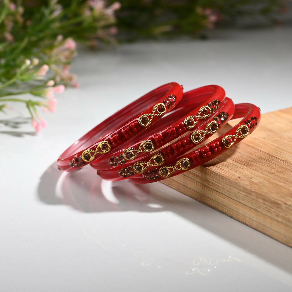 Afast Designer Fancy Party Bangle/ Kada Set, Red, Glass, Pack Of 4 - Distacart