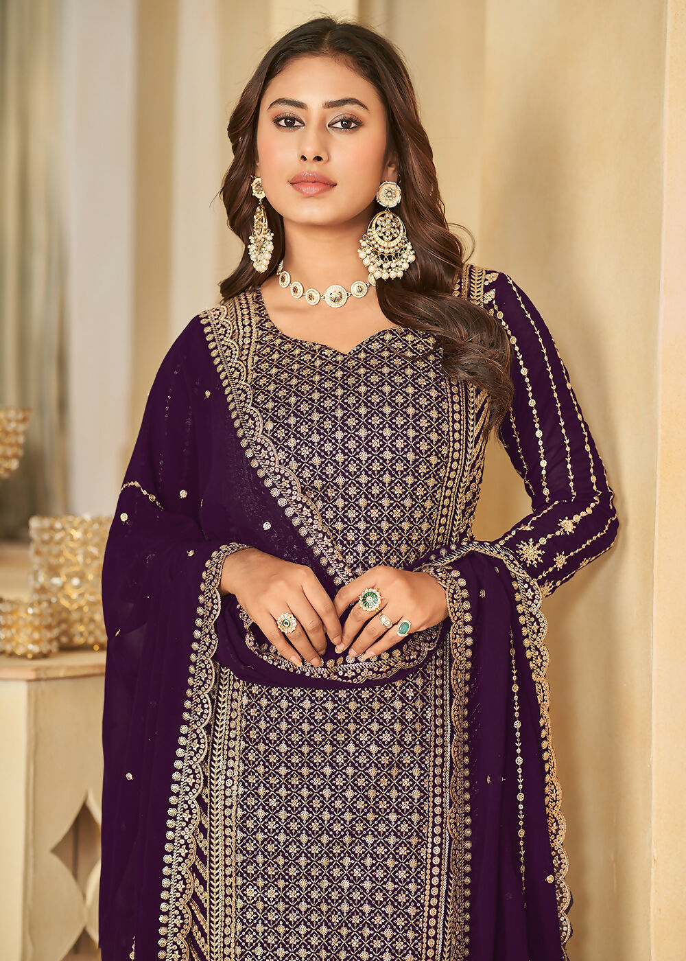 Mesmeric Purple Faux Georgette Palazzo Suit with Embroidery - Emponline - Distacart