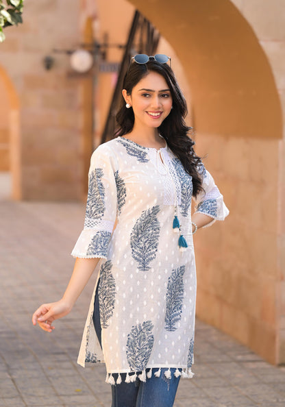 Juniper Azure White Breeze Cotton Tassel Kurta - Distacart