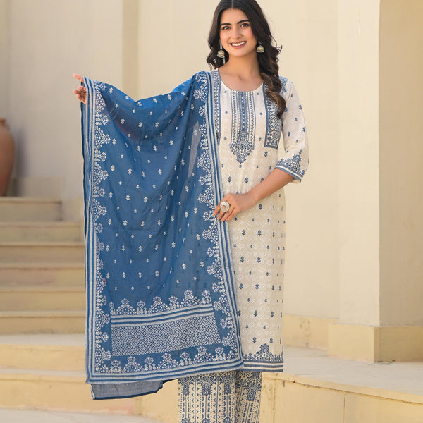 Juniper Ivory & Indigo Serenity Block Print Cotton Suit Set