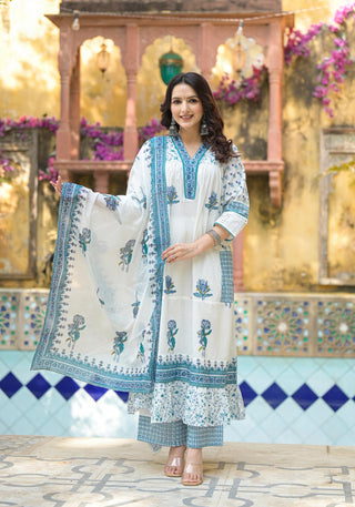 Juniper Women's White Floral Printed Cotton A-Line Kurta Pant And Dupatta Set - Distacart