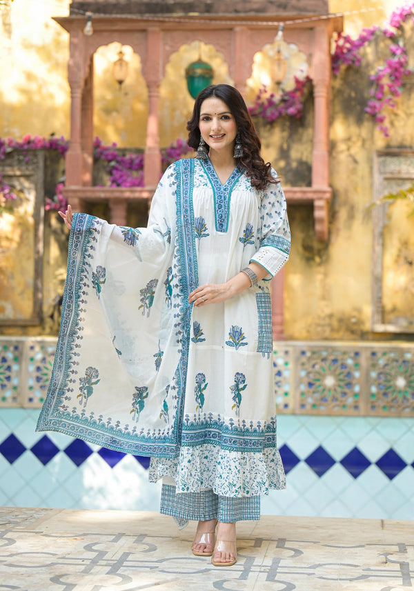 Juniper Women's White Floral Printed Cotton A-Line Kurta Pant And Dupatta Set - Distacart