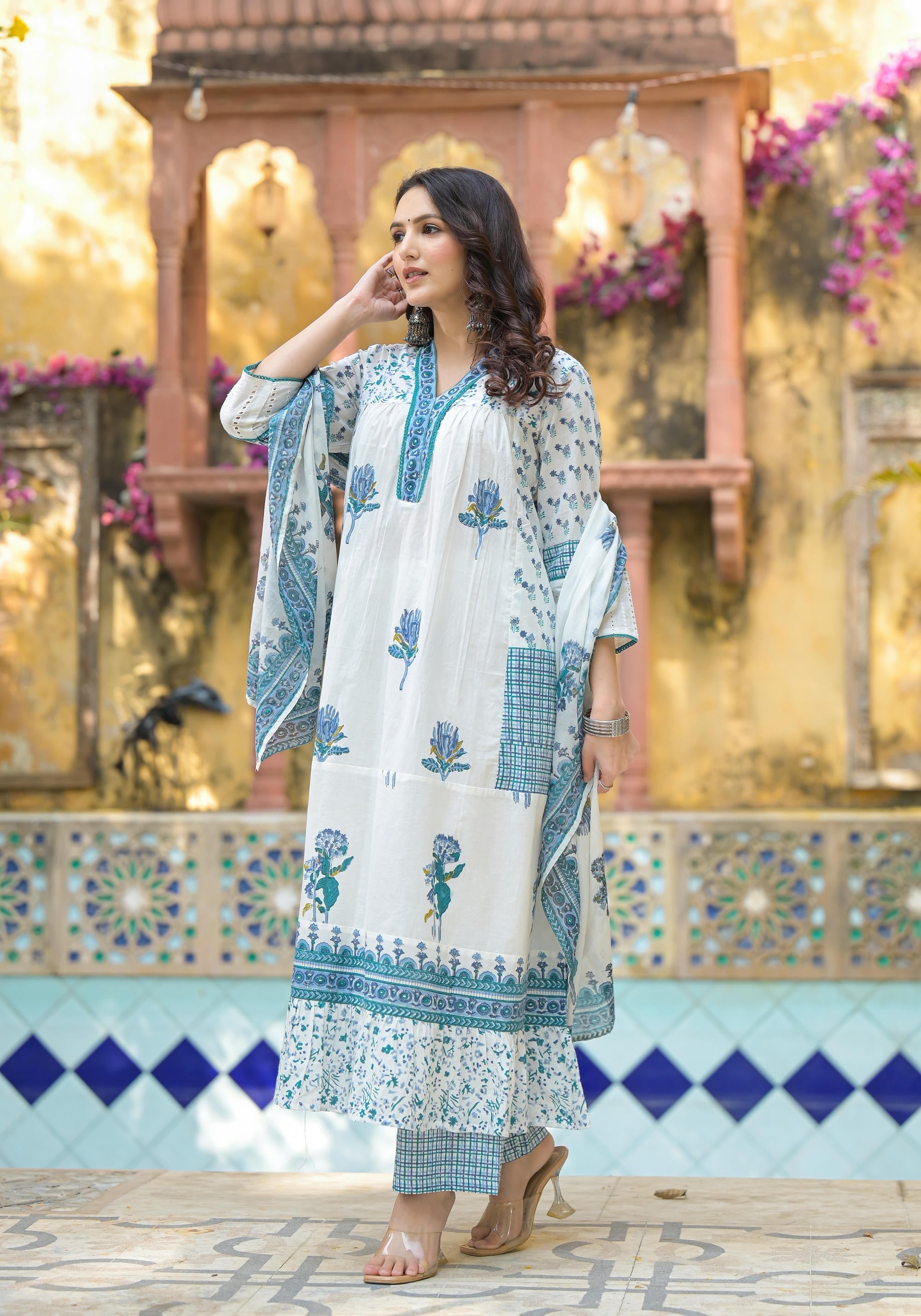 Juniper Women's White Floral Printed Cotton A-Line Kurta Pant And Dupatta Set - Distacart