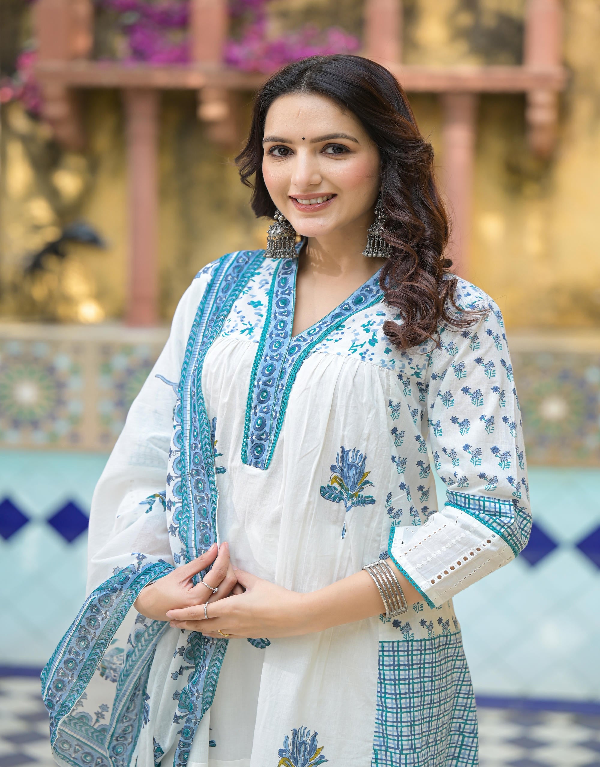 Juniper Women's White Floral Printed Cotton A-Line Kurta Pant And Dupatta Set - Distacart