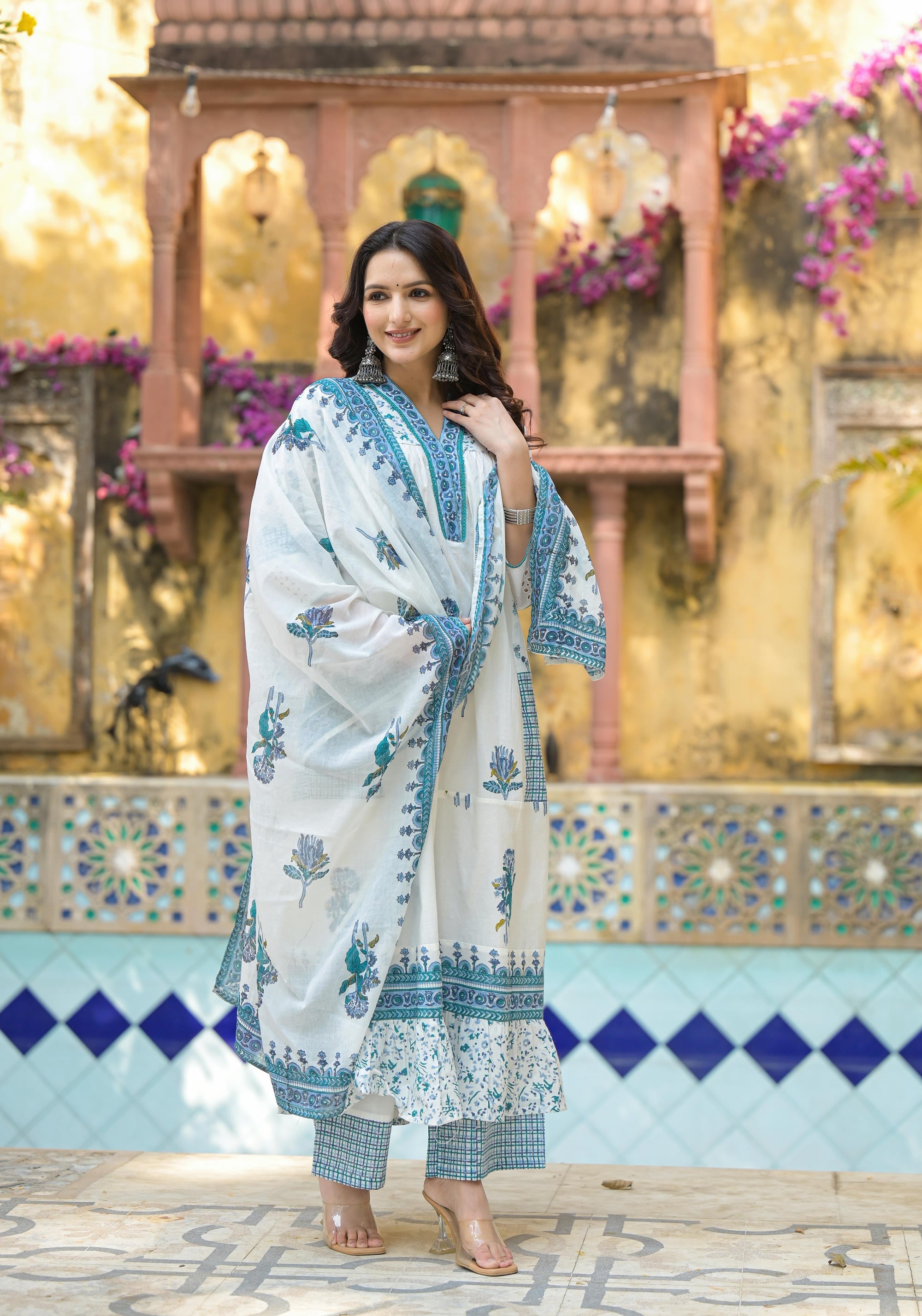 Juniper Women's White Floral Printed Cotton A-Line Kurta Pant And Dupatta Set - Distacart