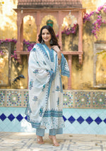 Thumbnail for Juniper Women's White Floral Printed Cotton A-Line Kurta Pant And Dupatta Set - Distacart