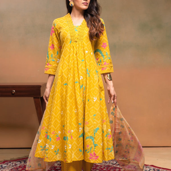 Juniper Mustard Floral Printed Cotton Kurta Set With Chiffon Dupatta