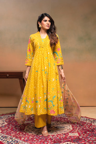 Juniper Mustard Floral Printed Cotton Kurta Set With Chiffon Dupatta