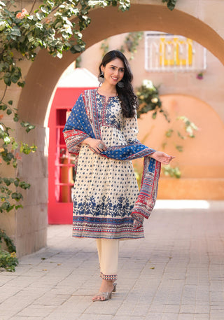 Juniper Women's Ivory Floral Printed Chanderi Kurta Pant And Dupatta Set With Sequins - Distacart