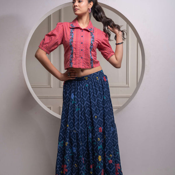 Juniper Indigo Cotton Embroidered Top & Printed Skirt Set With Zig Zag Motifs
