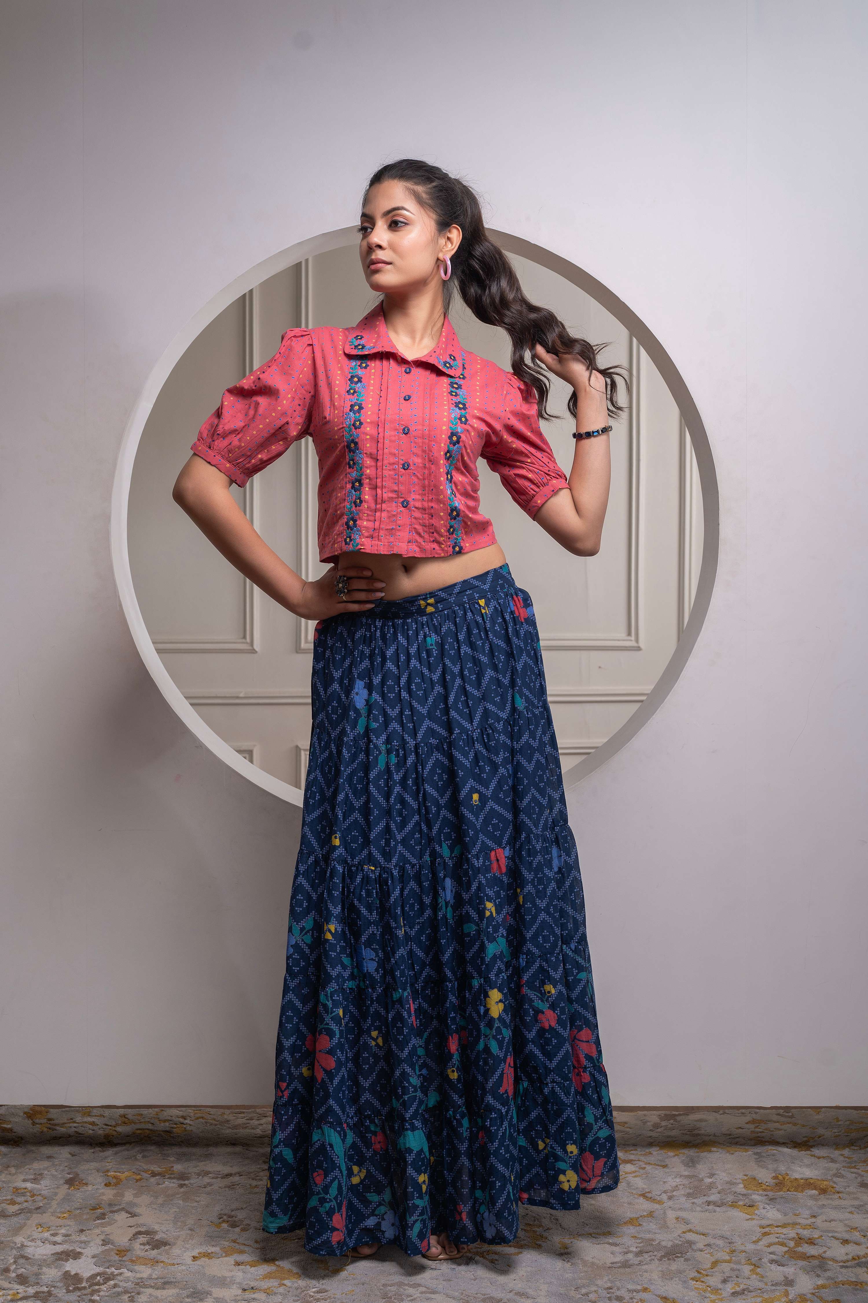 Juniper Indigo Cotton Embroidered Top & Printed Skirt Set With Zig Zag Motifs - Distacart