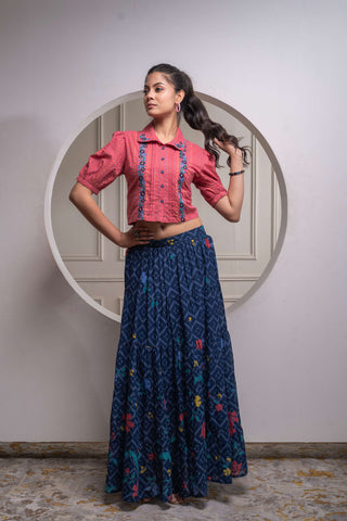 Juniper Indigo Cotton Embroidered Top & Printed Skirt Set With Zig Zag Motifs