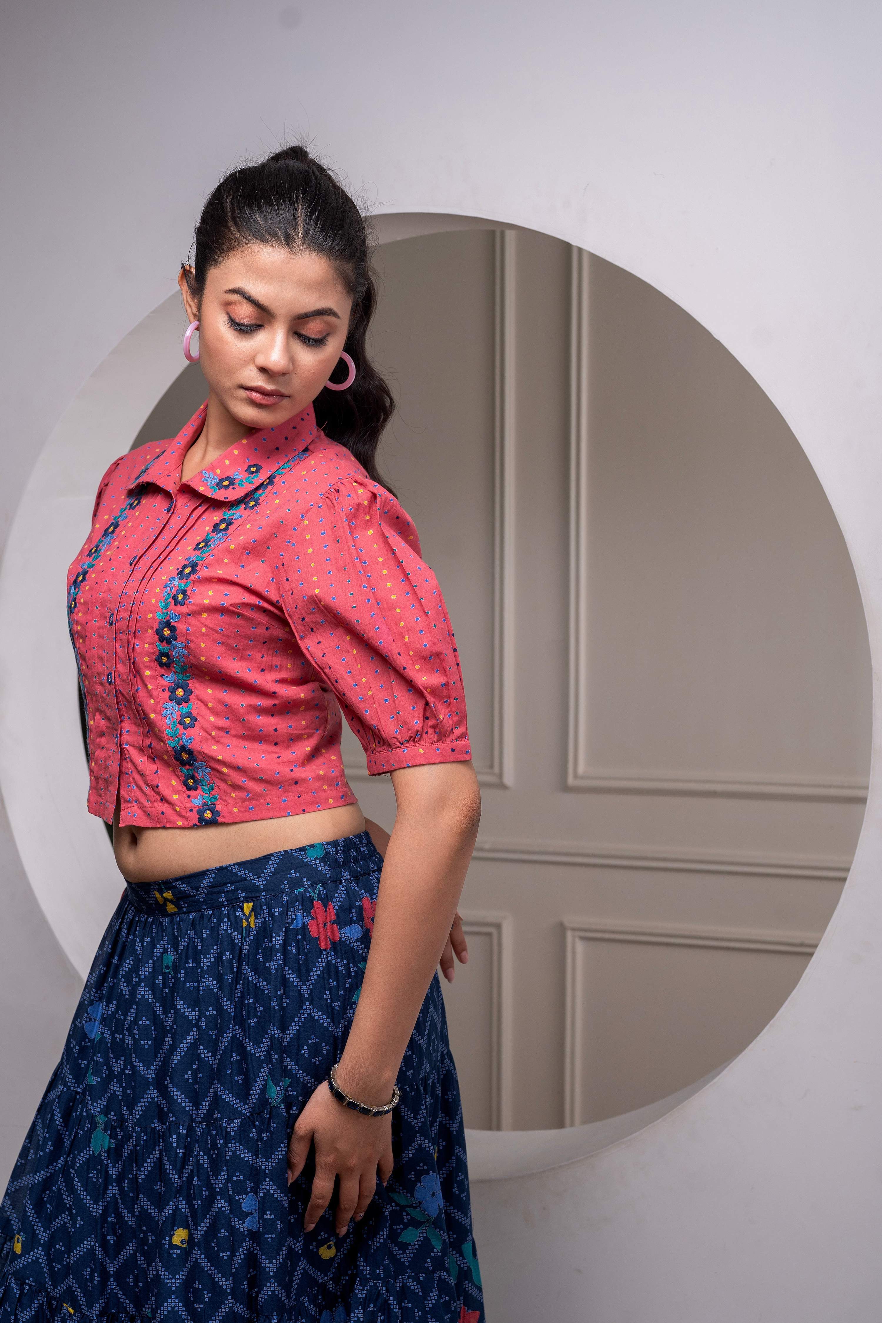 Juniper Indigo Cotton Embroidered Top & Printed Skirt Set With Zig Zag Motifs