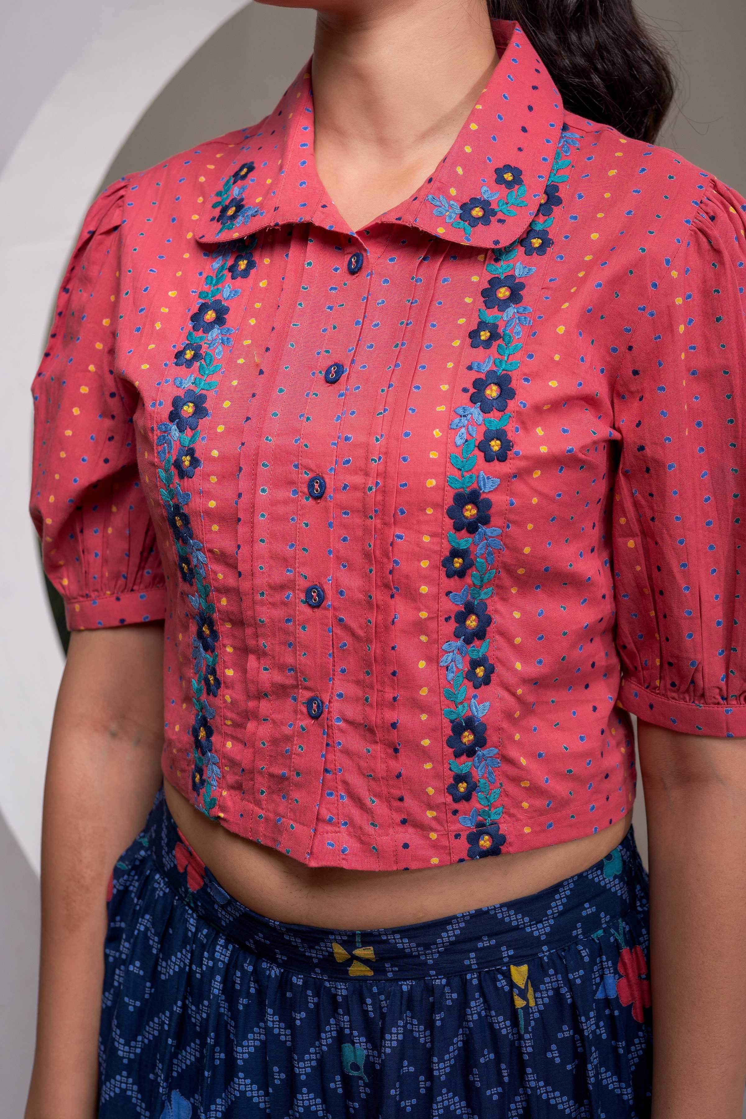 Juniper Indigo Cotton Embroidered Top & Printed Skirt Set With Zig Zag Motifs