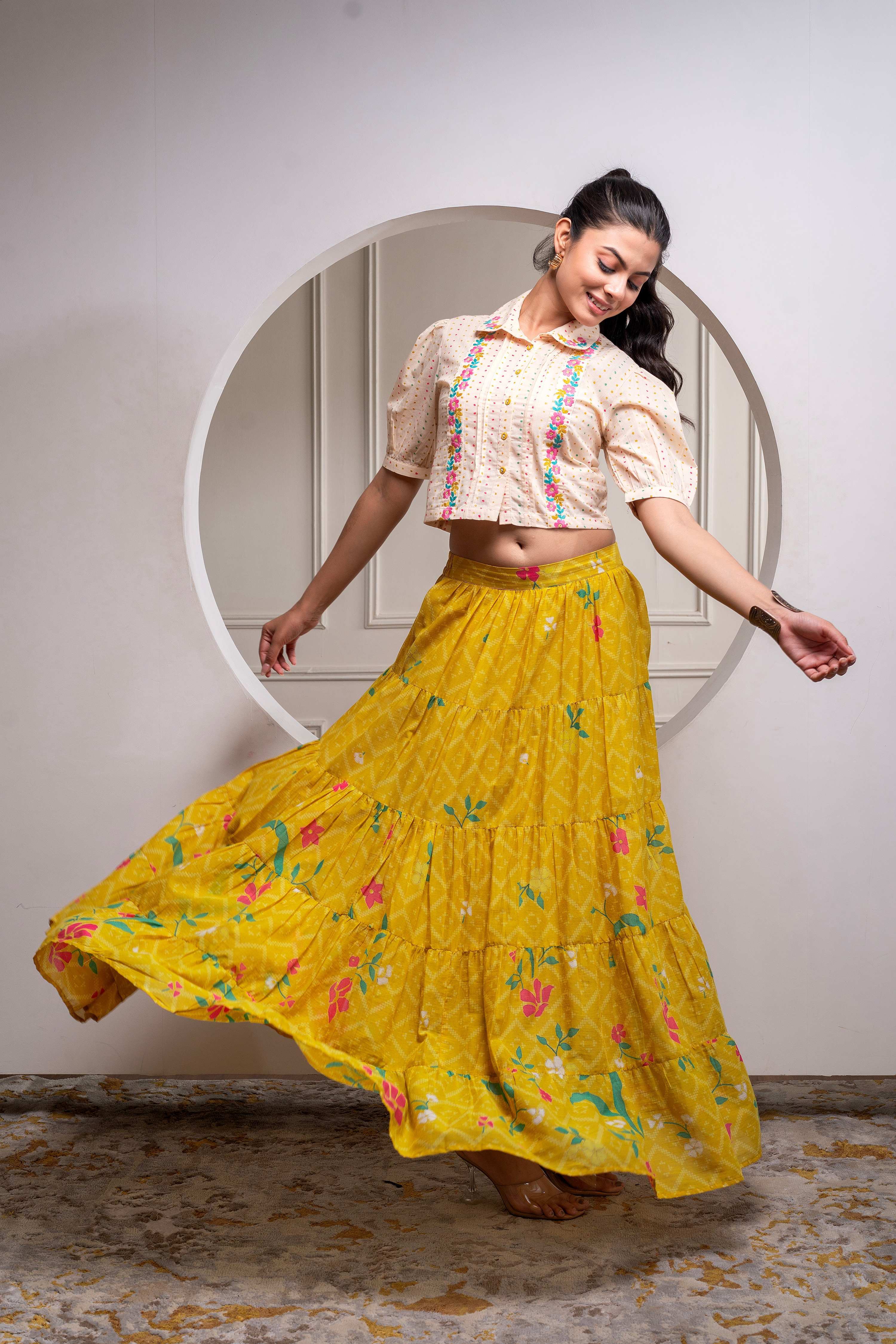 Juniper Mustard Cotton Embroidered Top & Printed Skirt Set With Zig Zag Motifs