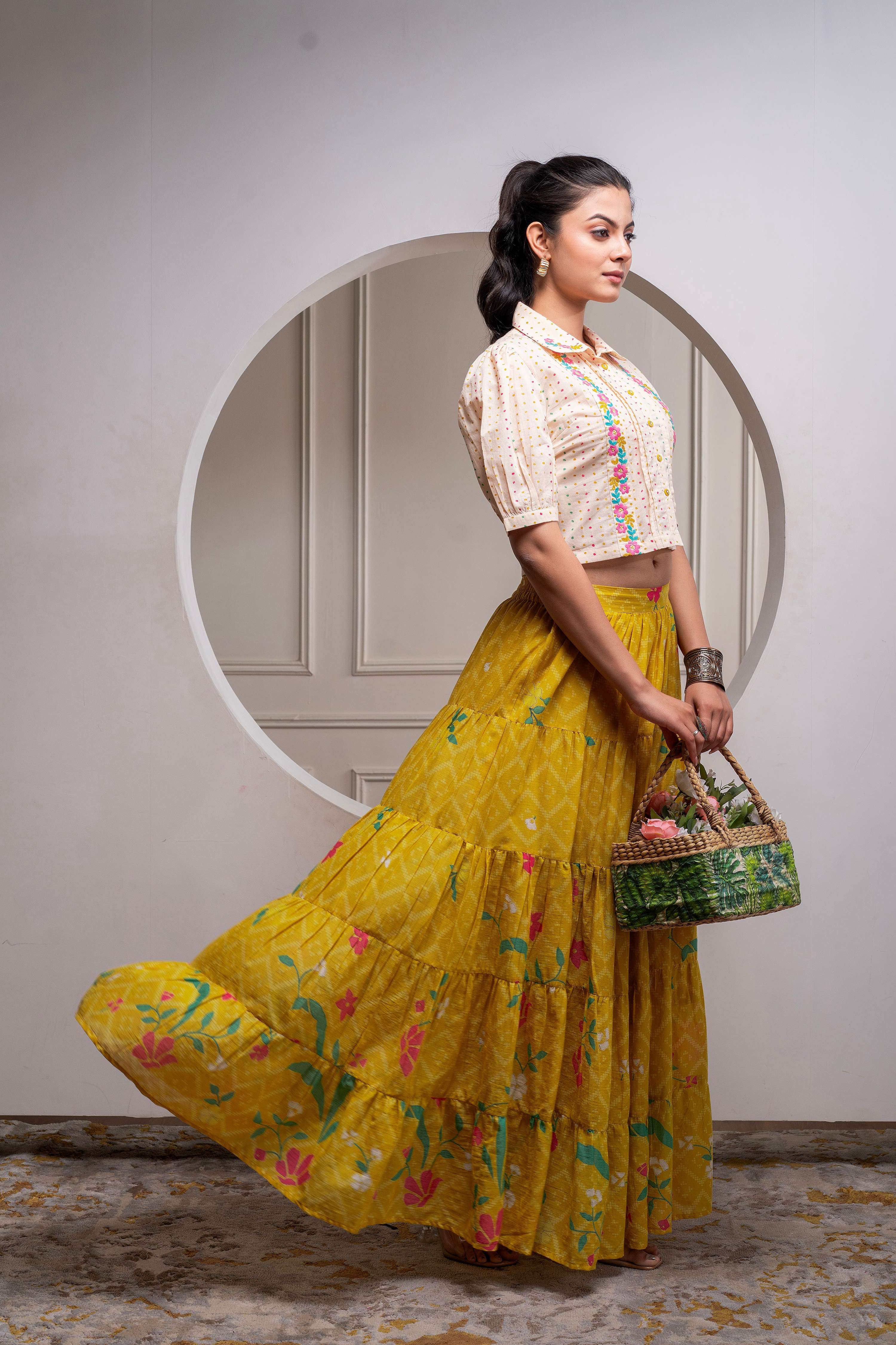 Juniper Mustard Cotton Embroidered Top & Printed Skirt Set With Zig Zag Motifs