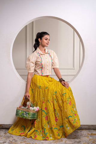Juniper Mustard Cotton Embroidered Top & Printed Skirt Set With Zig Zag Motifs