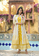 Thumbnail for Juniper Women's Mustard Ethnic Motif Printed Cotton Kurta & Shrug With Doris - Distacart