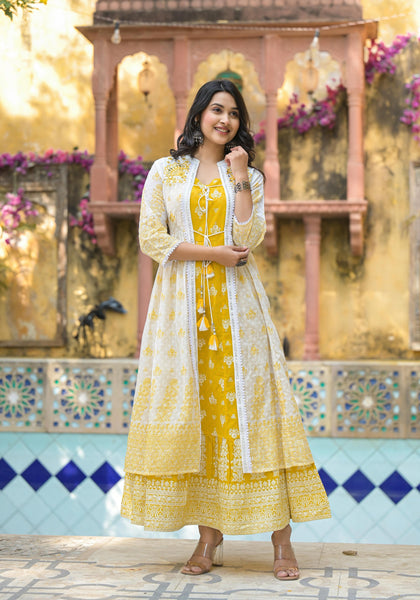 Juniper Women's Mustard Ethnic Motif Printed Cotton Kurta & Shrug With Doris - Distacart