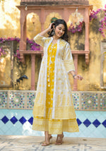 Thumbnail for Juniper Mustard Ethnic Motif Printed Cotton Kurta & Shrug With Doris - Distacart