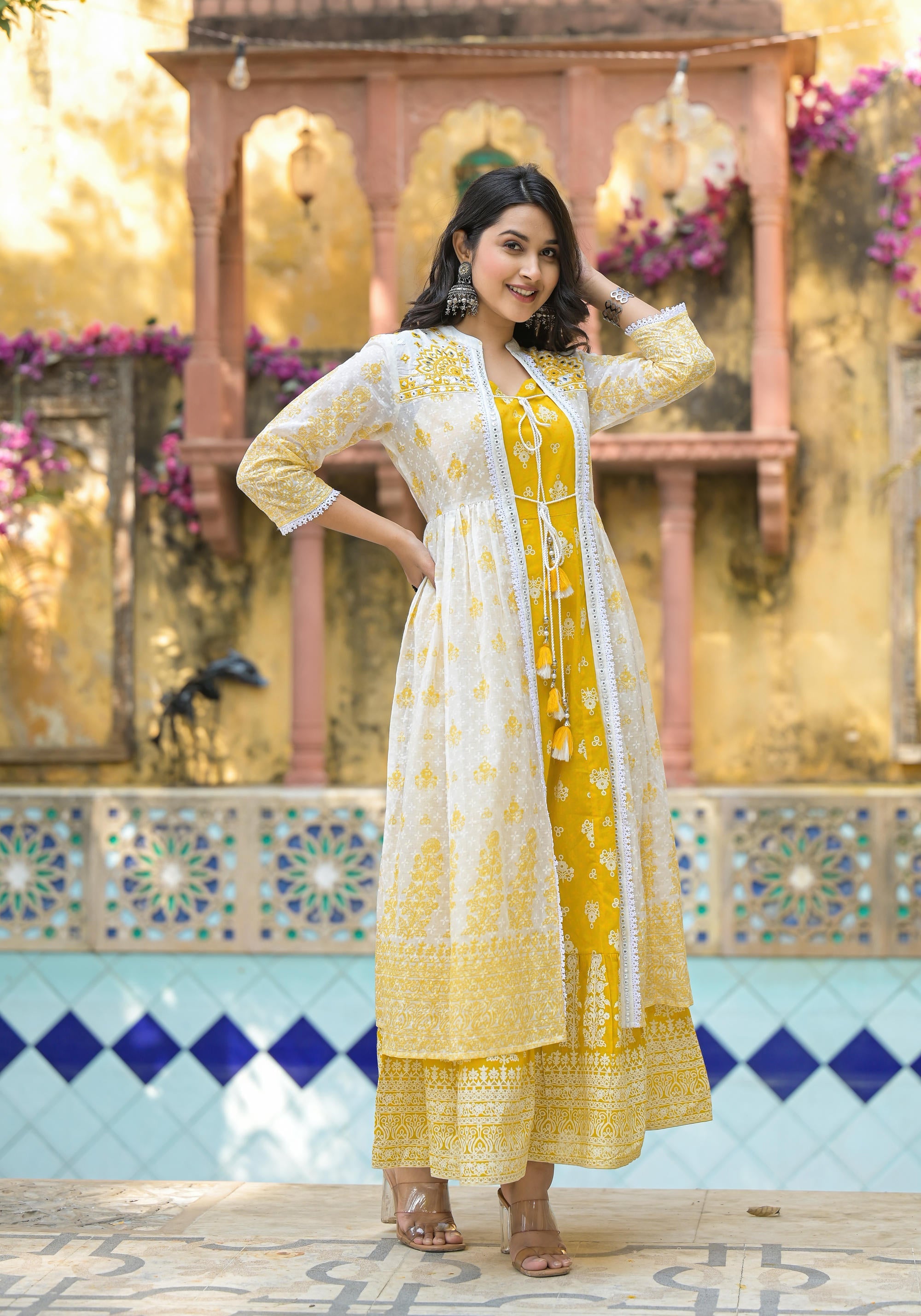 Juniper Mustard Ethnic Motif Printed Cotton Kurta & Shrug With Doris - Distacart
