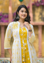 Thumbnail for Juniper Women's Mustard Ethnic Motif Printed Cotton Kurta & Shrug With Doris - Distacart