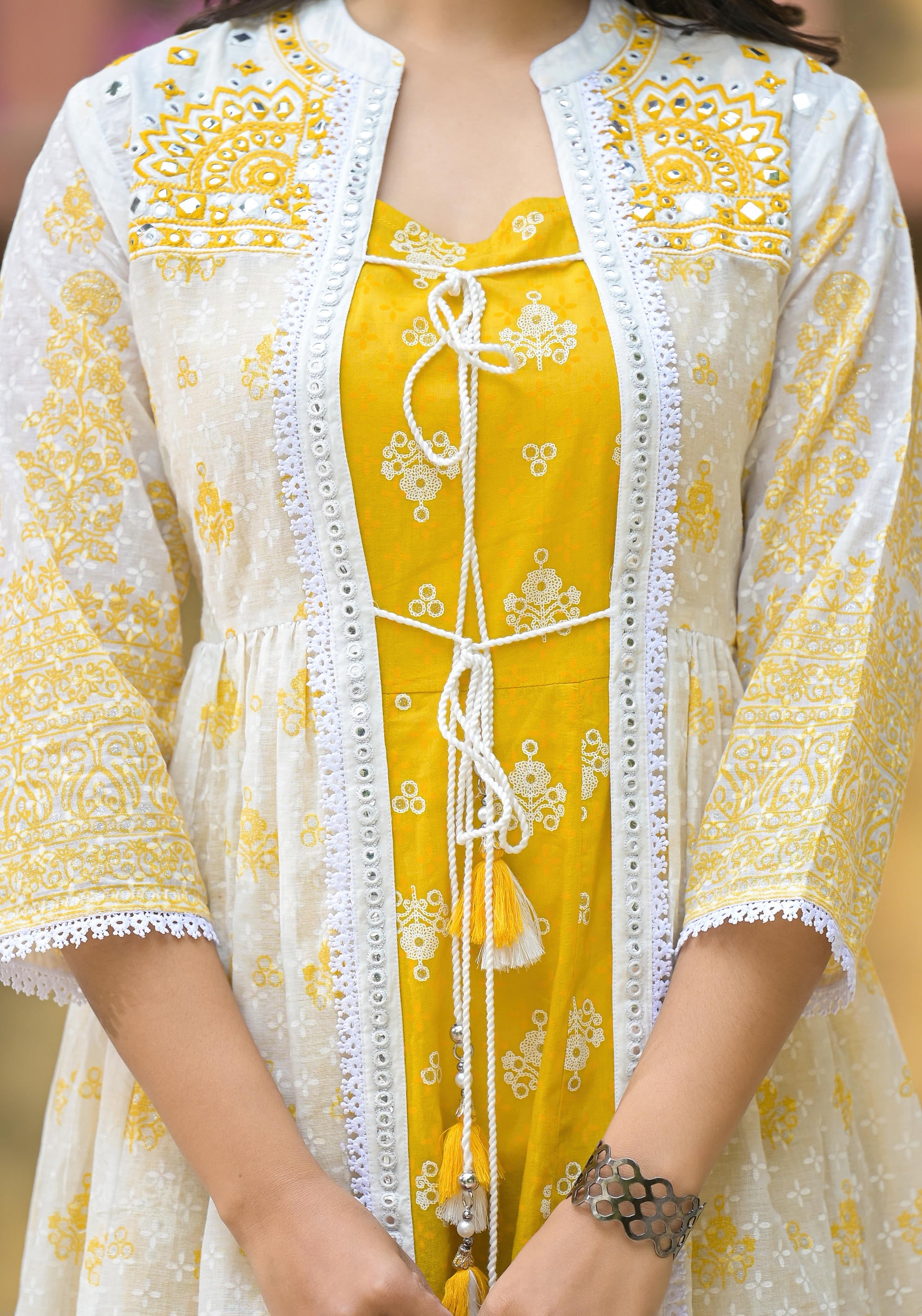 Juniper Women's Mustard Ethnic Motif Printed Cotton Kurta & Shrug With Doris - Distacart