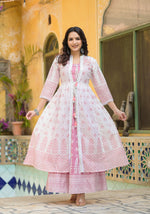 Thumbnail for Juniper Pink Ethnic Motif Printed Cotton Kurta & Shrug With Doris