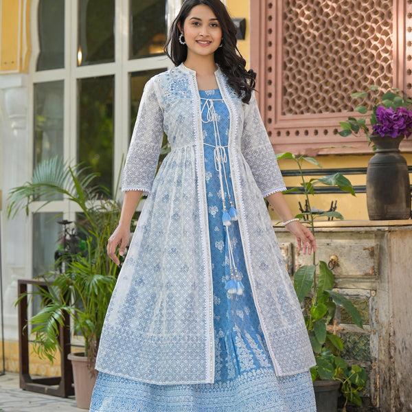 Juniper Azure Blue Blossom Layered Cotton Anarkali Dress With Printed Jacket