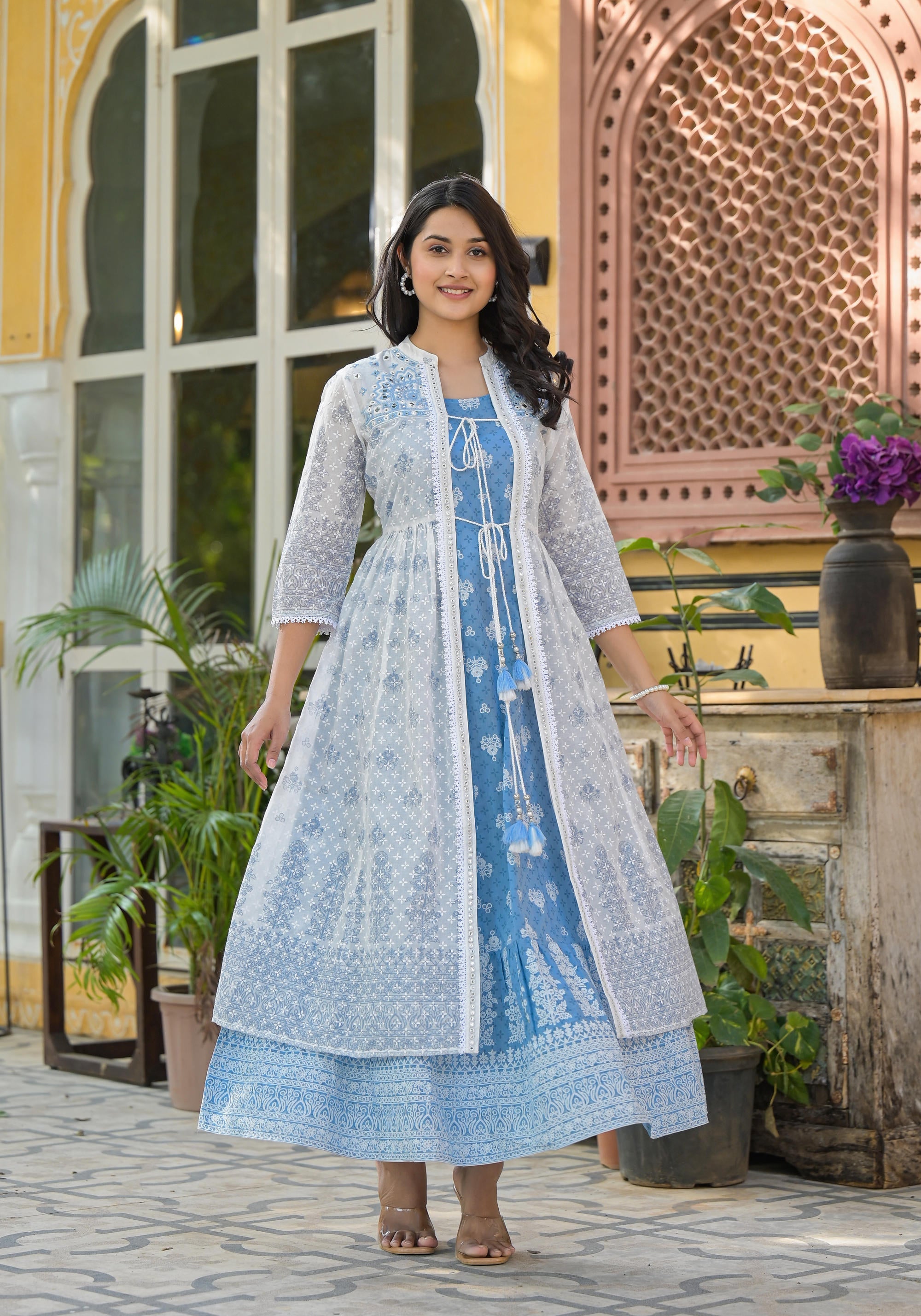 Juniper Azure Blue Blossom Layered Cotton Anarkali Dress With Printed Jacket - Distacart