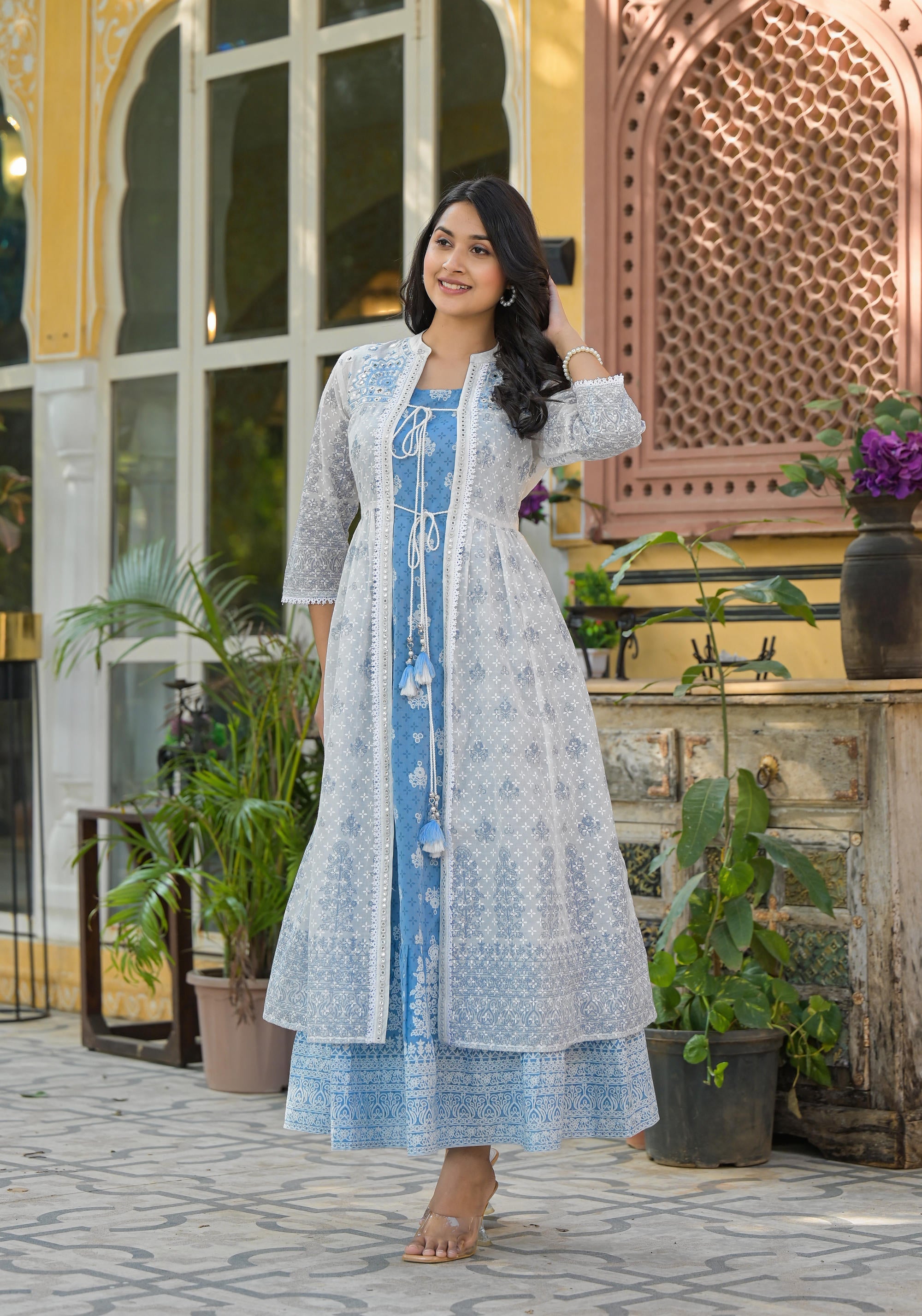 Buy Juniper Azure Blue Blossom Layered Cotton Anarkali Dress With Printed Jacket Online at Low Prices - Indian Store Buy Juniper Azure Blue Blossom Layered Cotton Anarkali Dress With Printed Jacket Online at Low Prices - Indian Store