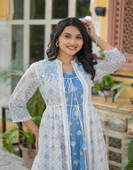 Thumbnail for Juniper Azure Blue Blossom Layered Cotton Anarkali Dress With Printed Jacket
