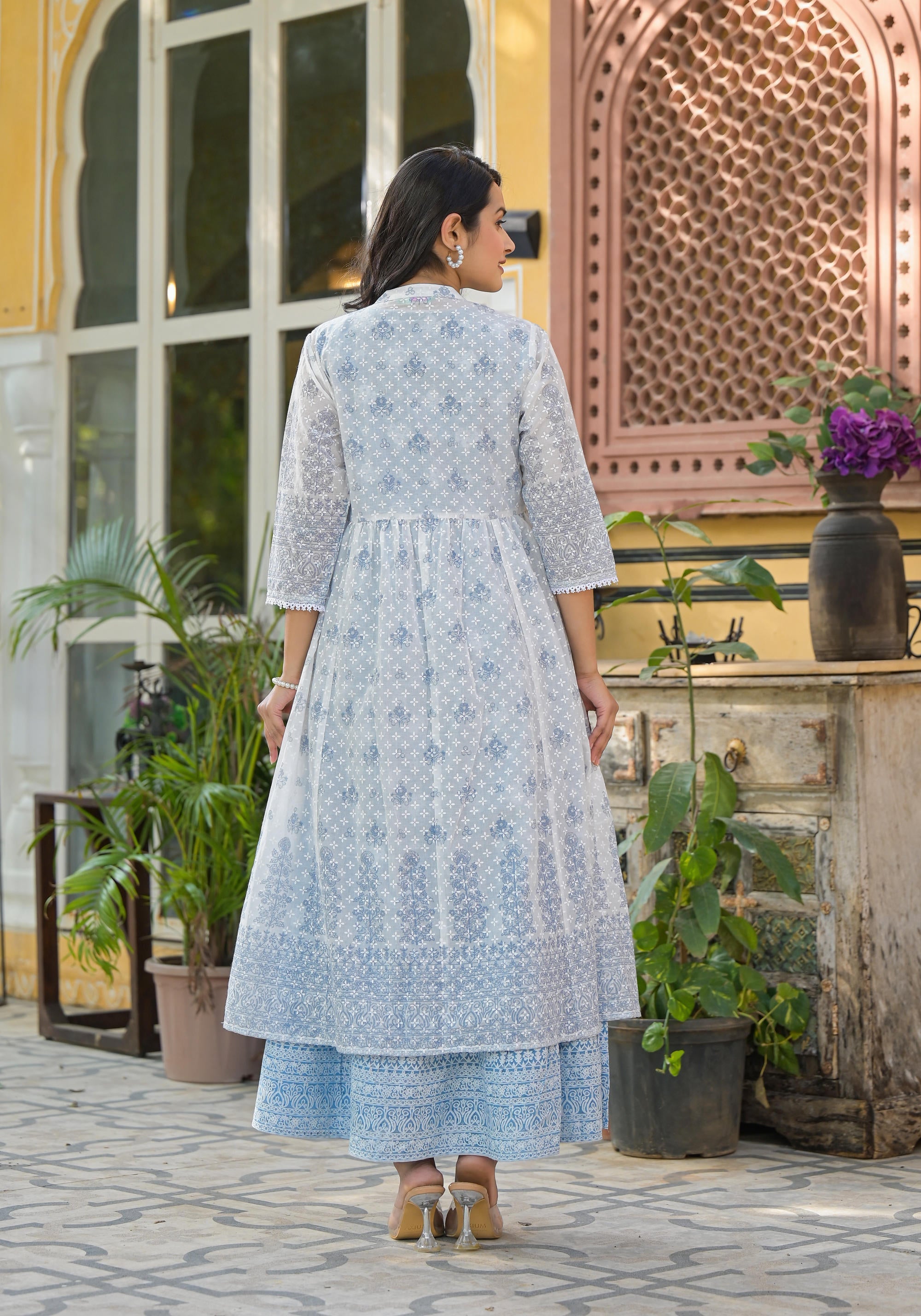 Juniper Azure Blue Blossom Layered Cotton Anarkali Dress With Printed Jacket
